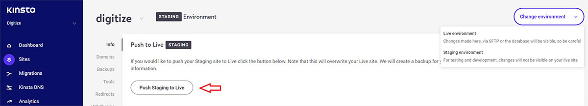 Kinsta One Click push from staging to production